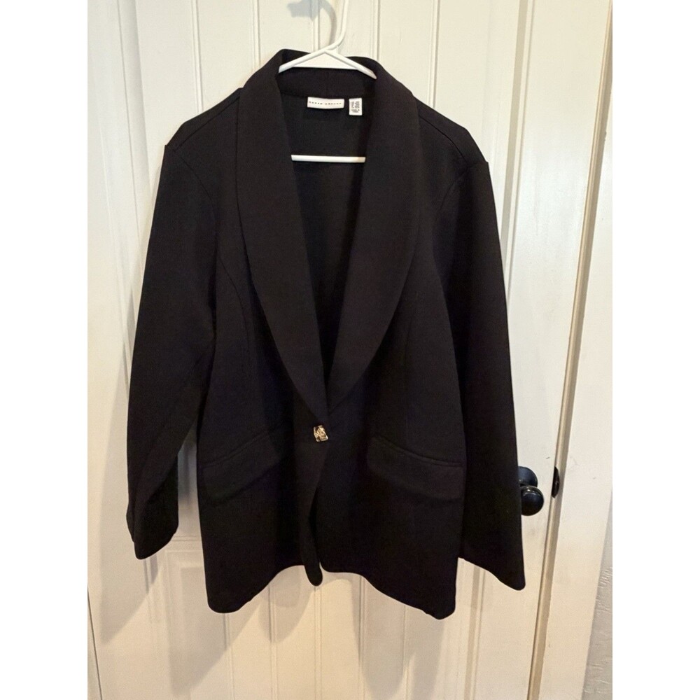 Susan Graver Womens 2XP Black Ponte Knit Blazer Gold Button Plus Petite